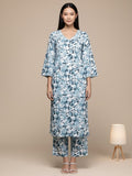 KSUT Women Women White & Blue Floral Printed A-Line Kurta Paired With Tonal Bottom