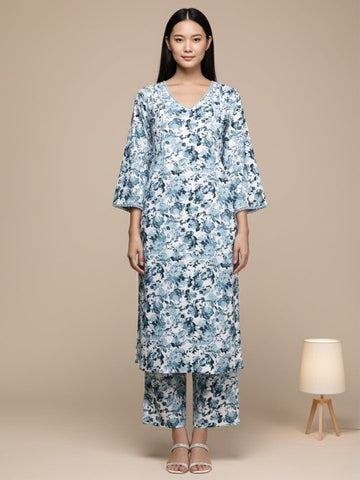 KSUT Women Women White & Blue Floral Printed A-Line Kurta Paired With Tonal Bottom