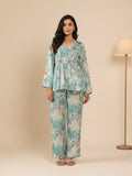 KSUT Women Teal Abstract Printed V-Neck Angrakha Style Top Paired With Tonal Printed Flared Bottom
