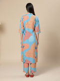 KSUT Women Blue And Rust Abstract Printed Shirt Collar A-Line Kurta Paired With Tonal Bottom