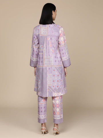KSUT Women Lavender Abstract Printed V-Neck A-Line Kurta Paired With Tonal Bottom
