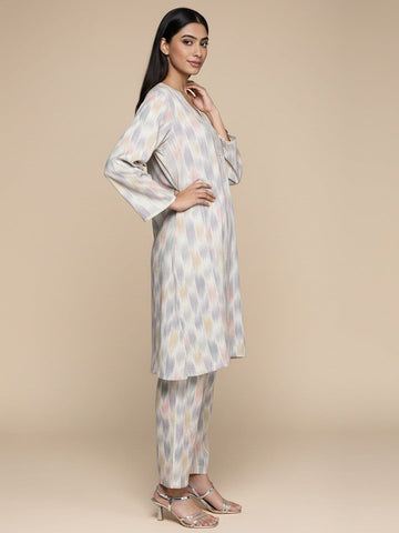 KSUT Women Ivory Grey Ikat Printed V Neck A Line Kurta With Flared Sleeves Paired With Tonal Printed Bottom