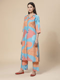 KSUT Women Blue And Rust Abstract Printed Shirt Collar A-Line Kurta Paired With Tonal Bottom