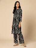 KSUT Women Black & White Abstract Printed Straight Kurta Paired With Tonal Printed Bottom