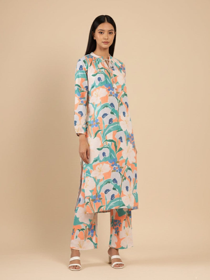 KSUT Women Orange Floral Printed Mandarin Collar With Gathered Details, Bishop Sleeves Straight Kurta Paired With Printed Bottom