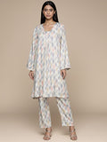 KSUT Women Ivory Grey Ikat Printed V Neck A Line Kurta With Flared Sleeves Paired With Tonal Printed Bottom