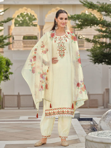Varanga Women Floral Motif Thread Embroidered Yoke Kurta with Trouser & Dupatta