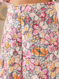KSUT Women Grey Floral Printed Flared Sleeves, Front Open With Tie Up Details Crop Top Paired With Flared Bottom
