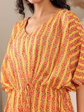 KSUT Mustard And Pink Floral Printed V Neck Kaftan Trouser Set