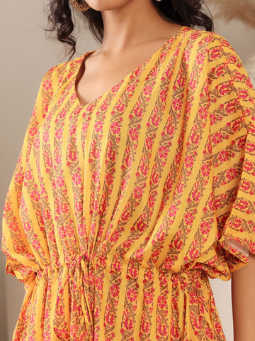 KSUT Mustard And Pink Floral Printed V Neck Kaftan Trouser Set