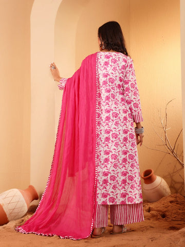 Varanga Women Pink & White Abstract Printed Anarkali Shape Kurta With Plazzo And Dupatta
