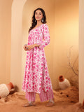 Varanga Women Pink & White Abstract Printed Anarkali Shape Kurta With Plazzo And Dupatta