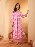 Varanga Women Pink & White Abstract Printed Anarkali Shape Kurta With Plazzo And Dupatta