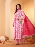 Varanga Women Pink & White Abstract Printed Anarkali Shape Kurta With Plazzo And Dupatta