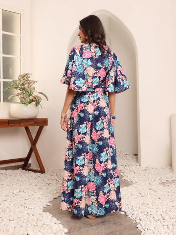 Varanga Women Blue Floral Printed Flared Sleeves With Tie Up Details Crop Top With Flared Bottom