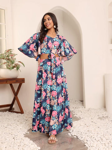 Varanga Women Blue Floral Printed Flared Sleeves With Tie Up Details Crop Top With Flared Bottom