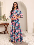 Varanga Women Blue Floral Printed Flared Sleeves With Tie Up Details Crop Top With Flared Bottom