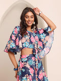 Varanga Women Blue Floral Printed Flared Sleeves With Tie Up Details Crop Top With Flared Bottom