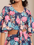 KSUT Women Blue Floral  Printed, Flared Sleeves, Front Open With Tie Up Details Crop Top Paired With Flared Bottom