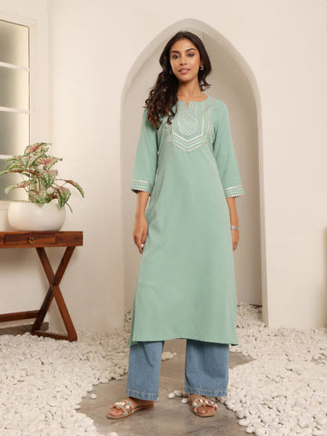 Varanga Sea Green And Gold Toned Ethnic Motifs Embellished Gotta Patti Crepe Kurta