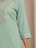 Varanga Sea Green And Gold Toned Ethnic Motifs Embellished Gotta Patti Crepe Kurta