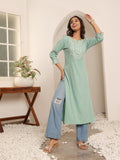 Varanga Sea Green And Gold Toned Ethnic Motifs Embellished Gotta Patti Crepe Kurta