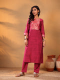 Varanga Magenta Silk Kurta With Woven Yoke And Fully Elasticated Trouser