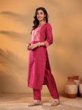 Varanga Magenta Silk Kurta With Woven Yoke And Fully Elasticated Trouser