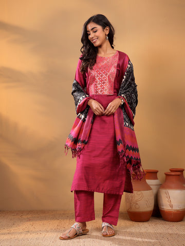 Varanga Magenta Silk Kurta With Woven Yoke And Fully Elasticated Trouser