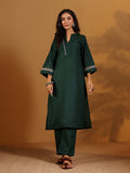 Varanga Women Green Mandarin Collar Thread Embroidered With Pleate Deatialing Kurta Paired With Bottom