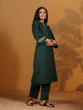 Varanga Women Green Mandarin Collar Thread Embroidered With Pleate Deatialing Kurta Paired With Bottom