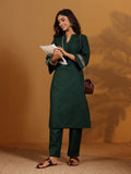 Varanga Women Green Mandarin Collar Thread Embroidered With Pleate Deatialing Kurta Paired With Bottom