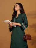 Varanga Women Green Mandarin Collar Thread Embroidered With Pleate Deatialing Kurta Paired With Bottom