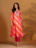 Fushia Bhandhani Printed Anarkali Kurta Paired With Bottom And Dupatta