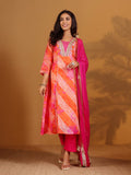 Fushia Bhandhani Printed Anarkali Kurta Paired With Bottom And Dupatta