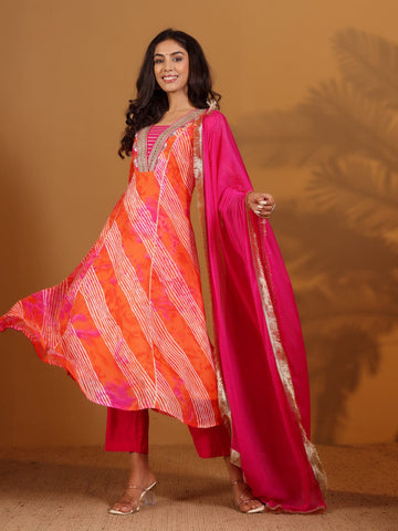 Fushia Bhandhani Printed Anarkali Kurta Paired With Bottom And Dupatta