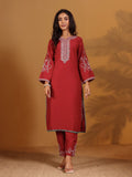 Varanga Women Maroon Yoke Embroidered Straight Kurta With Bottom And Dupatta