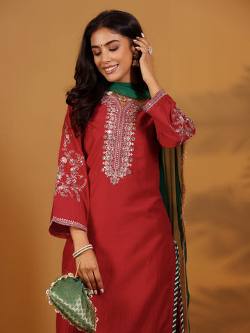 Varanga Women Maroon Yoke Embroidered Straight Kurta With Bottom And Dupatta