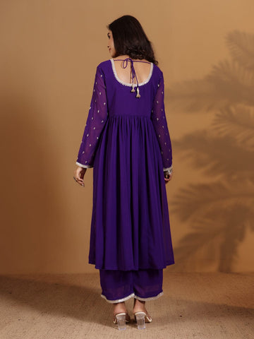 Varanga Women Purple Zari Embroidered Flared Kurta With Bottom And Dupatta