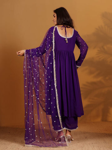 Varanga Women Purple Zari Embroidered Flared Kurta With Bottom And Dupatta