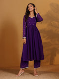 Varanga Women Purple Zari Embroidered Flared Kurta With Bottom And Dupatta