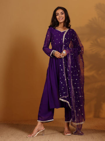 Varanga Women Purple Zari Embroidered Flared Kurta With Bottom And Dupatta