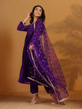 Varanga Women Purple Zari Embroidered Flared Kurta With Bottom And Dupatta