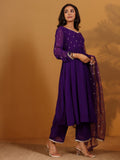 Varanga Women Purple Zari Embroidered Flared Kurta With Bottom And Dupatta