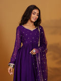 Varanga Women Purple Zari Embroidered Flared Kurta With Bottom And Dupatta