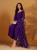 Varanga Women Purple Zari Embroidered Flared Kurta With Bottom And Dupatta