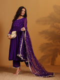 Varanga Women Purple Zari Embroidered Flared Kurta With Bottom And Dupatta