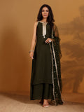 Varanga Women Olive Green Lace Embellished Sleeveless Straight Kurta Paired With Tonal Plazzo And Dupatta