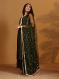 Varanga Women Olive Green Lace Embellished Sleeveless Straight Kurta Paired With Tonal Palazzo And Dupatta