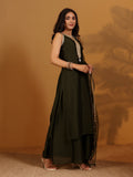 Varanga Women Olive Green Lace Embellished Sleeveless Straight Kurta Paired With Tonal Palazzo And Dupatta